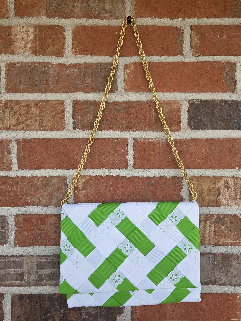 Green and White Vintage BABS' Hand Woven Ribbon Shoulder Clutch Gold Chain Strap